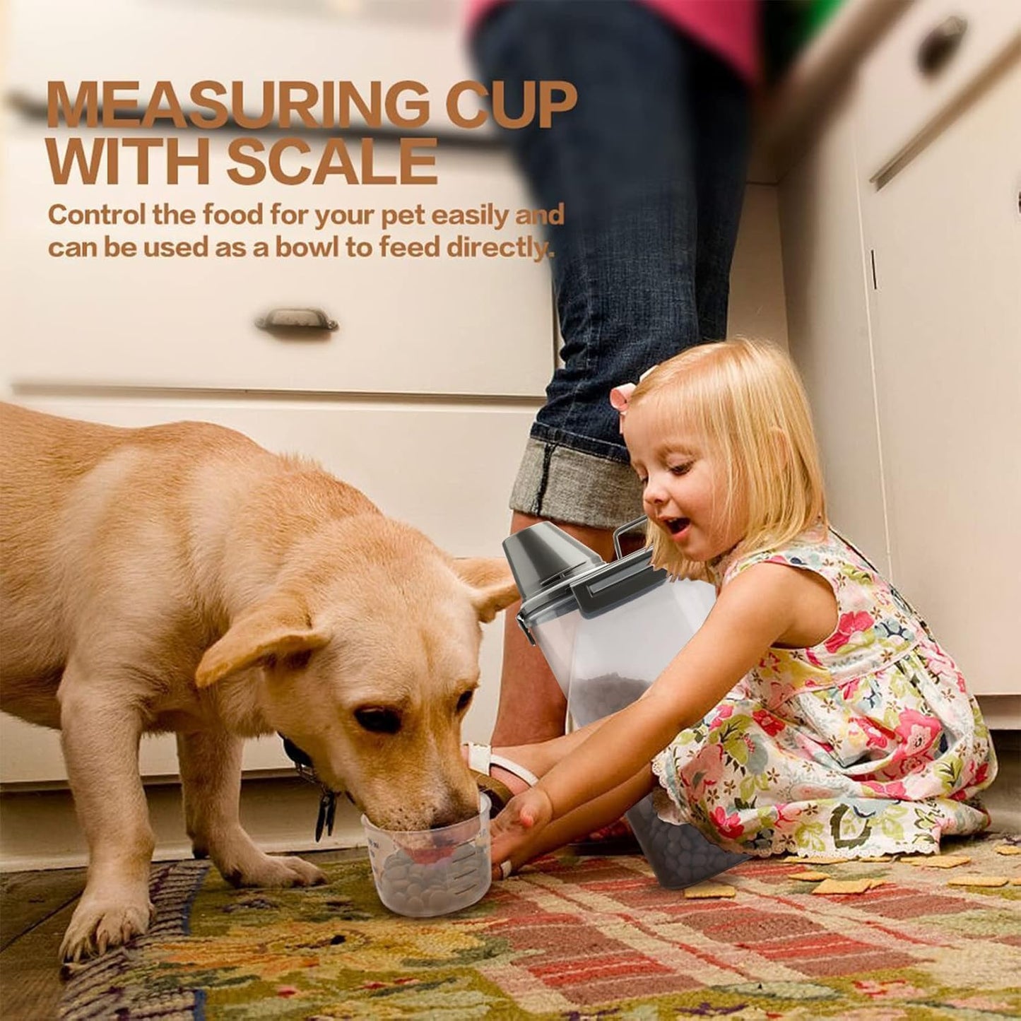 Upgraded Dog Food Storage Container Small, Cat Food Container Airtight, Pet Food Container Dispenser with Pour Spout, Measuring Cup and 4 Seal Buckles for Dogs, Cats, Birds (Grey)