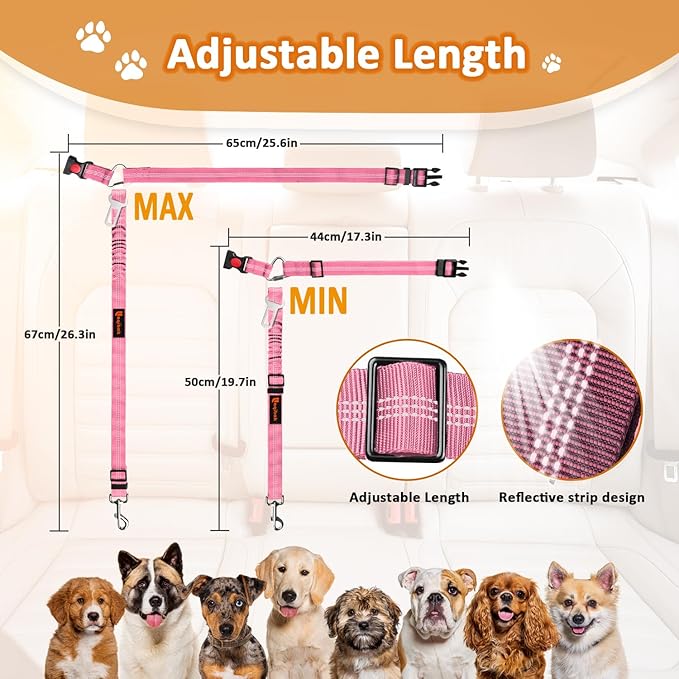 Removable Dog Seat Belt Harness for Car, 3 in 1 Pet Dog Car Seatbelt Leash, Retractable Restraint Secures to Vehicle Headrest & Adjustable Reflective Bungee Dog Seatbelt Tether, Pink and Black