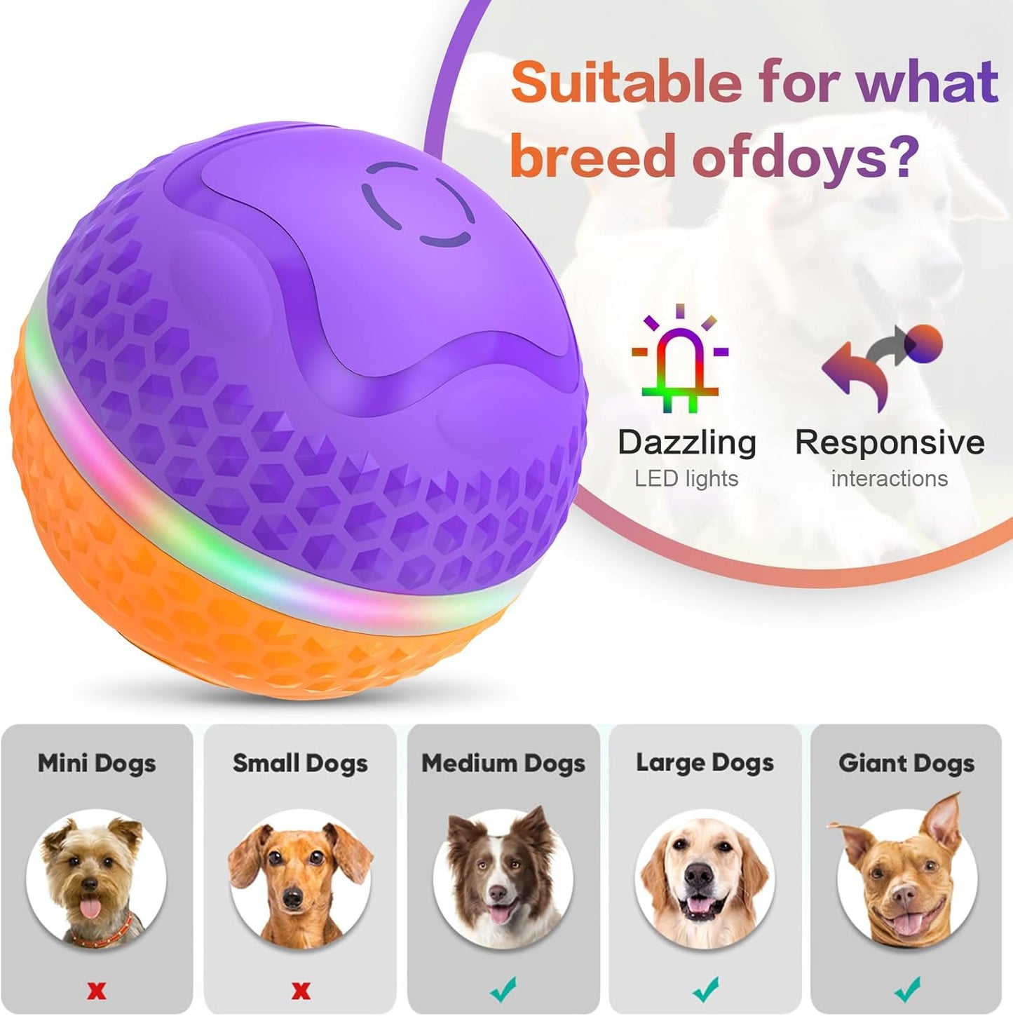 Interactive Dog Toys Ball, Automatic Rolling Toy, Lively pet Ball for Medium/Large Dogs to Relieve Boredom, Activated Automatic Motion Dog Balls Toy with LED Flash, USB Rechargeable (Orange+Purple)