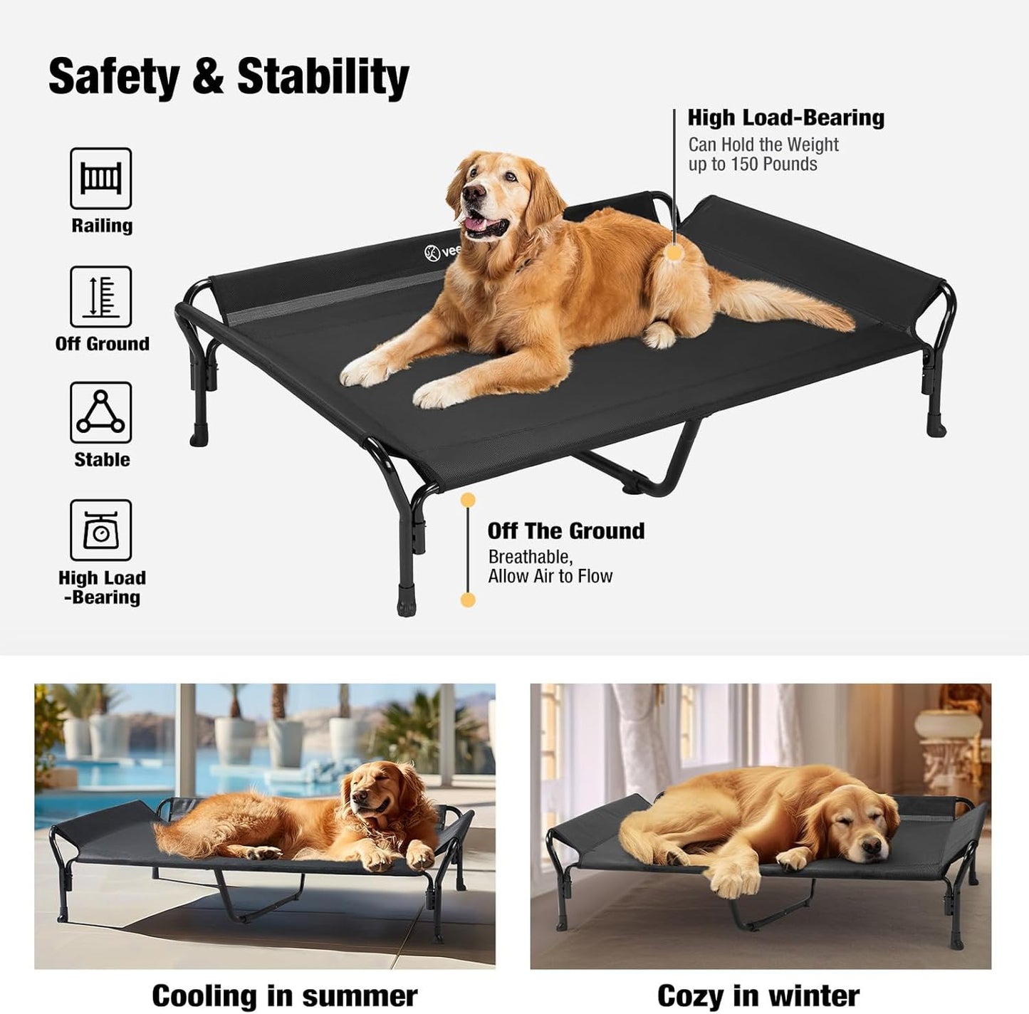 Veehoo Cooling Elevated Dog Bed, XL Raised Pet Cot with Guardrail & Slope Headrest, Durable Breathable Teslin Mesh, Non-Slip Feet, Washable Dog Couch Bed for Indoor & Outdoor, 50.5" x 33.5, Black