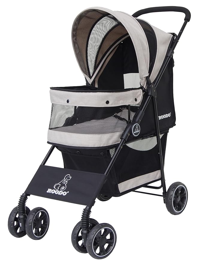 ROODO 4 Wheel Dog Cat Pet Stroller Best Lightweight Foldable Compact Portable Jogger All Terrain Travel Pet Gear Puppy Doggie Bunny Kitty Stroller for up to 30lbs Medium Small Dogs Cats(Light Khaki)