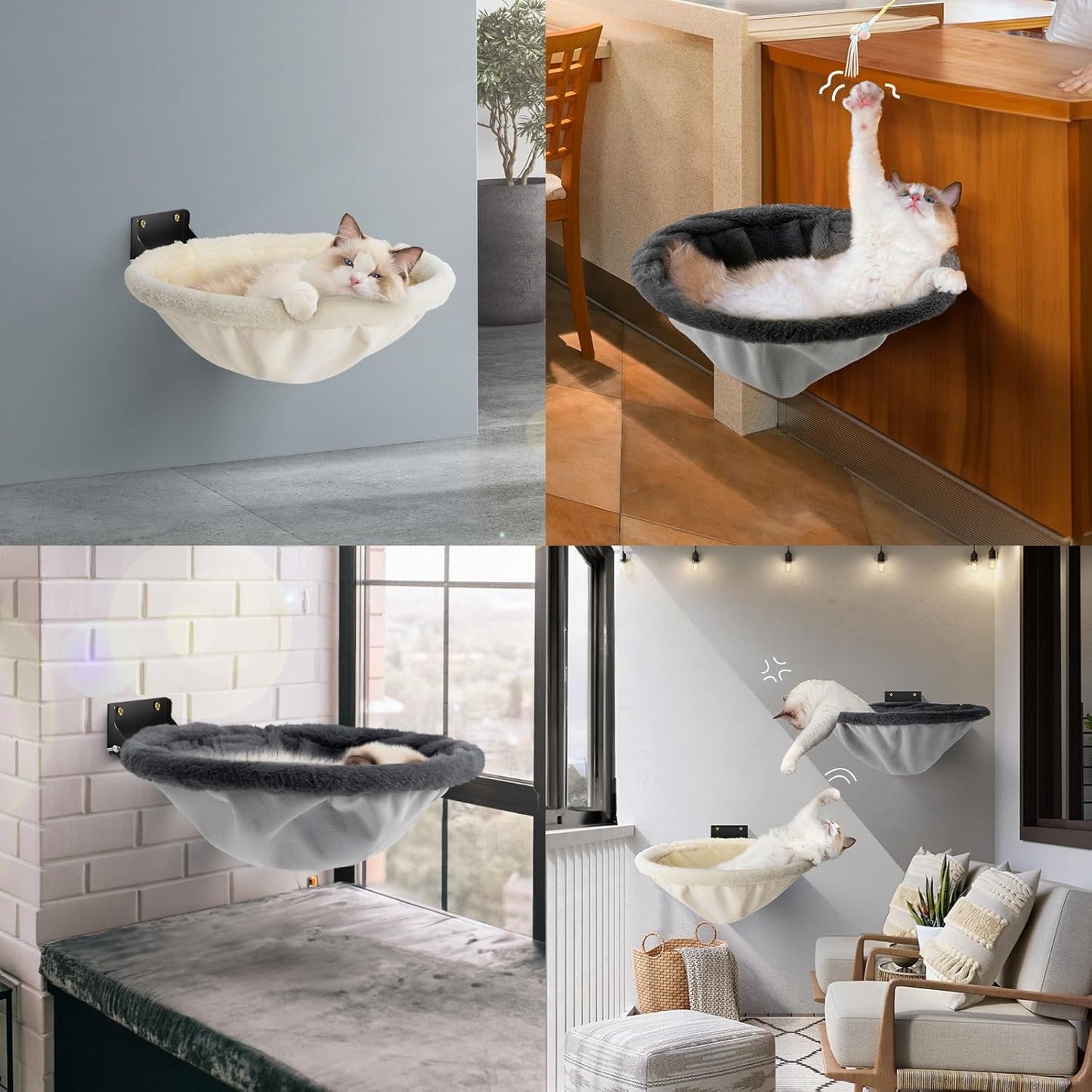 Cat Hammock Wall Mounted, Foldable & Stable Cat Beds- Breathable Cats Wall Shelves for Sleeping, Playing, Climbing, and Lounging - Maximum Hold Up to 30lb(Gray+Cream,Faux Rabbit Fur)