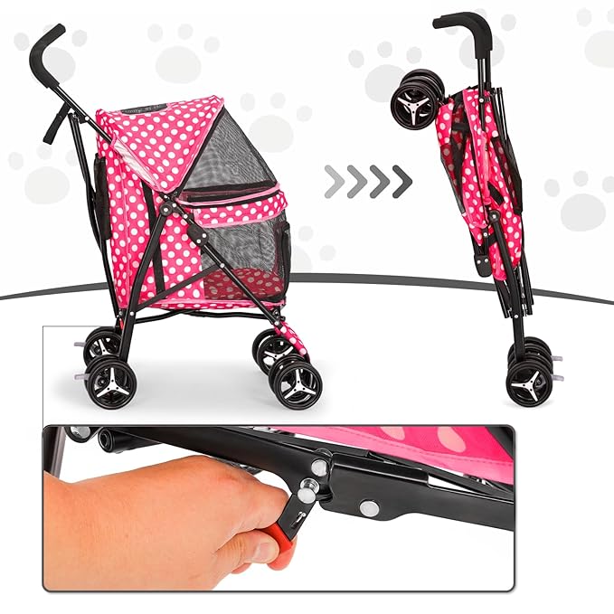 MoNiBloom 4 Wheels Pet Stroller, Easy-Fold Umbrella Shaped Dog Cat Jogger Stroller w/Storage Bag & Visible Mesh for Small/Medium Dogs Cats Hot Pink Polka Dots