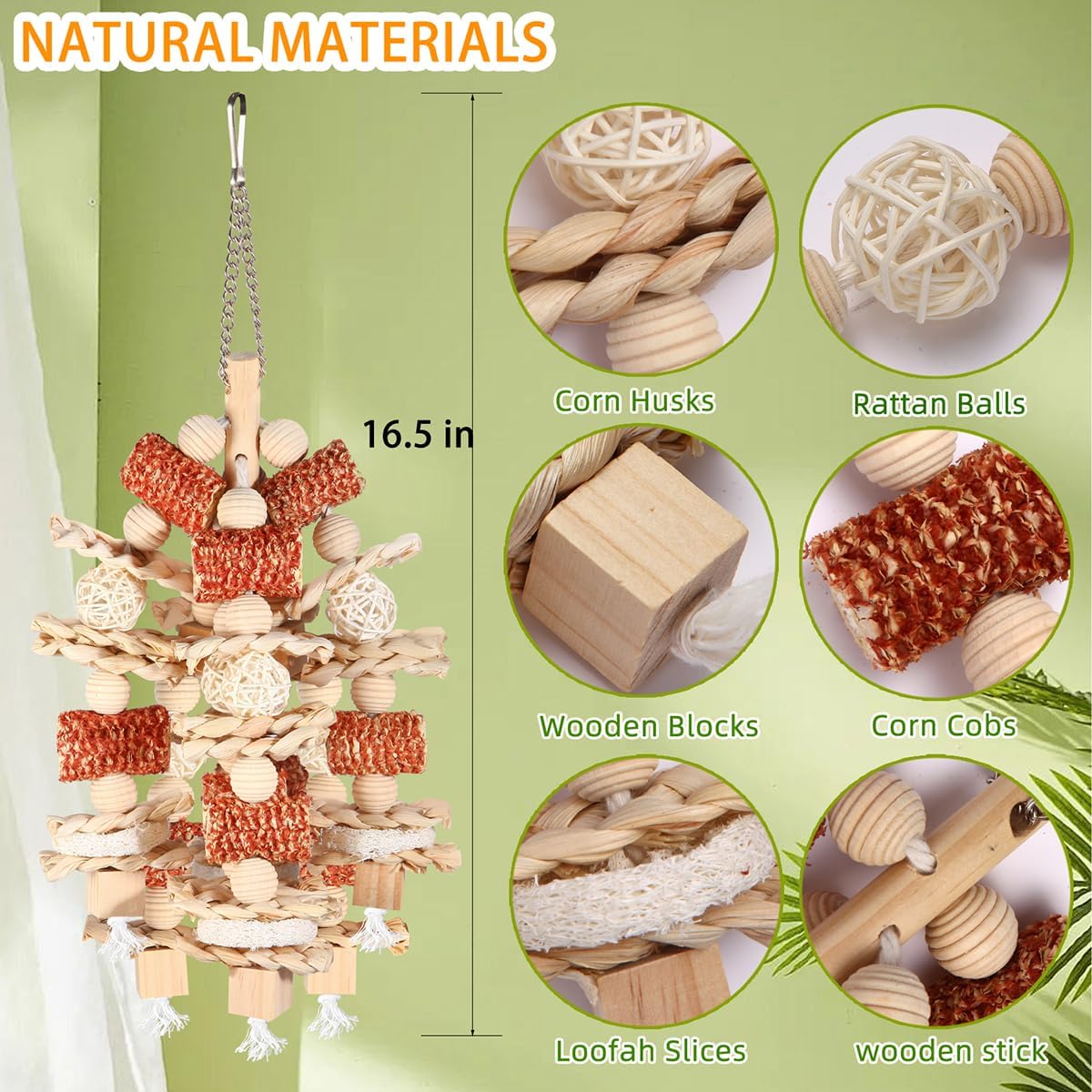 Bird Toys - Natural Corn Cob and Loofah Slices for Large Parrots, Like African Grey, Macaws, Cockatoos and Amazon Parrot - Wooden