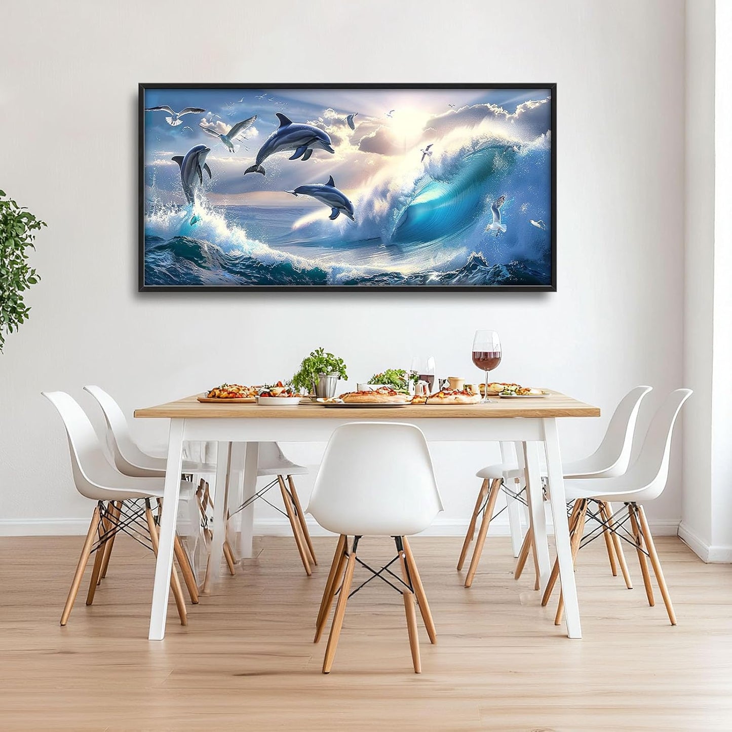 Dolphin Seagull Large Wall Art Sea Ocean Waves Sunrise Pictures Wall Decor Nautical Coastal Canvas Print Painting Artwork for Bathroom Living Room Bedroom 60L" x 30W"