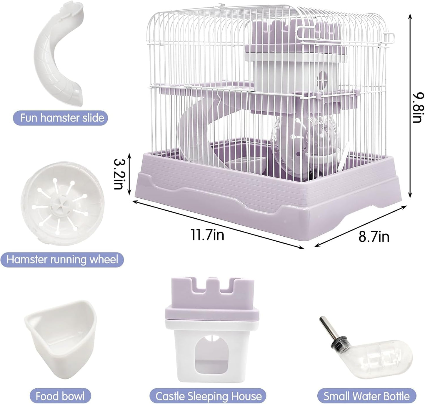 PINVNBY 2-Tier Dwarf Hamster Cage, Hamster Travel Cage Portable Mouse Cage with Running Exercise Wheels, Water Bottle and Food Dish for Hamster Mouse Rat 11.7 * 8.7 * 9.38 in (Blue)