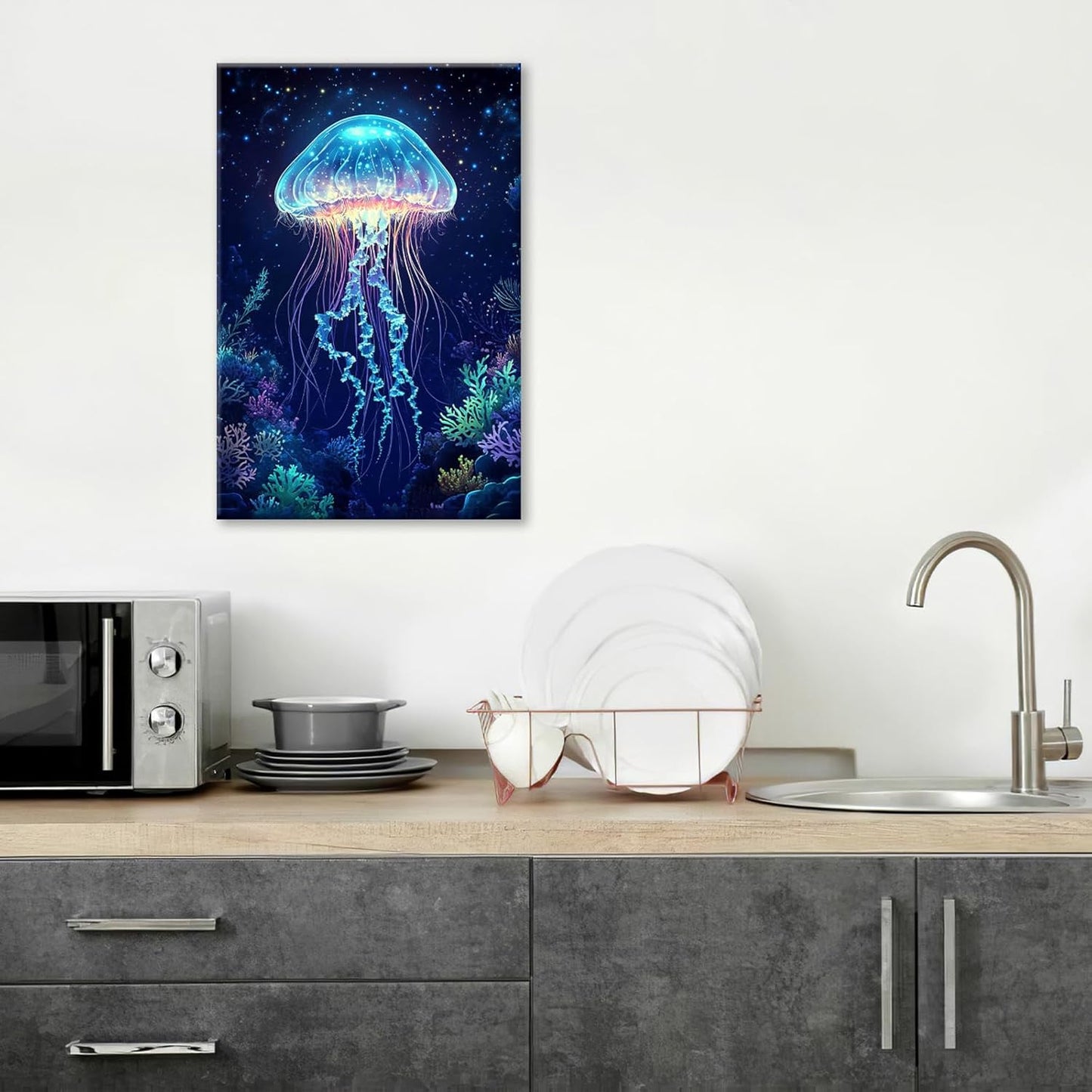 Ocean Jellyfish Wall Art Canvas Coral Fish Wall Decor Prints Framed Painting Underwater Pictures Gifts Artwork for Bathroom Living Dining 16"x24"