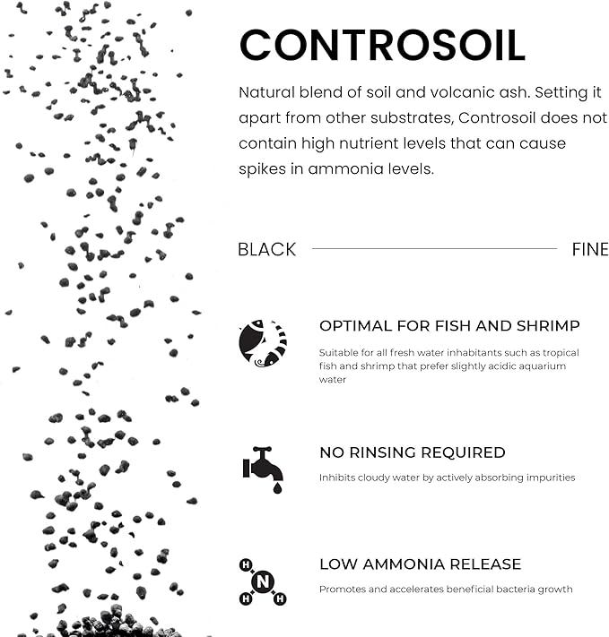 Ultum Nature Systems Controsoil - Freshwater Aqua Soil Substrate for Fish, Shrimp, Live Plant Propagation and Aquascaping - 6.8pH Low Ammonia, Volcanic Ash - Black, Fine (10 Liter | 20LB)