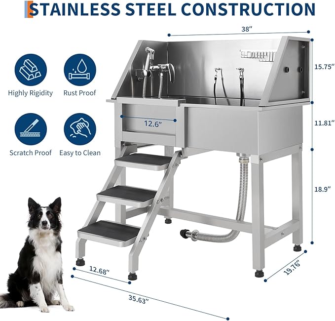 Stainless Steel Dog Washing Station - Dog Bath Tub for Large, Medium, Small Dogs, Pet Grooming Tub with Ramp, Non-Slip Grate, Shower, Soap Box, Faucet, Drain for Home & Outdoor (Left RAMP, 38")