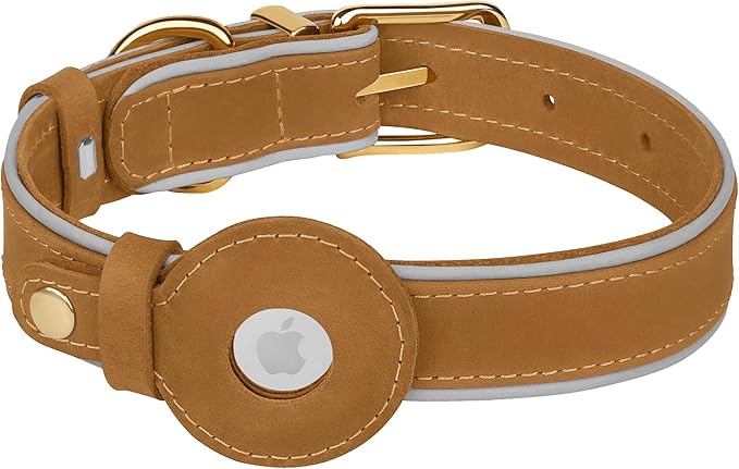 OOPSDOGGY Reflective Geniune Leather Airtag Dog Collar Soft Padded Collars for Small Medium Large Breed Dogs Puppy, 4 Sizes, 7 Colors (Camel, Medium, 12"-15")