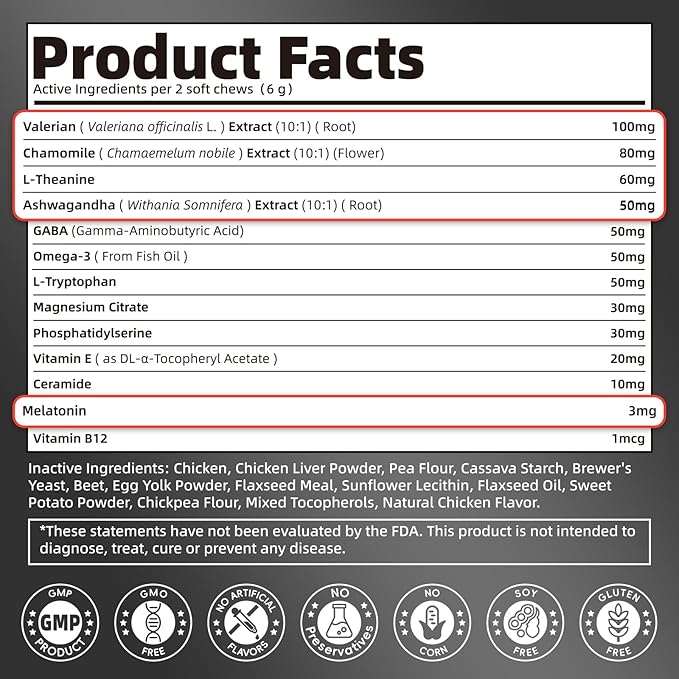 Melatonin for Dogs, Calming Chews with Valerian Root & L-Theanine for Sleep Aid & Emotional Support, Calming Treats for Stress Anxiety Relief, Thunder, Fireworks, Barking, Chicken Flavor, 90Ct