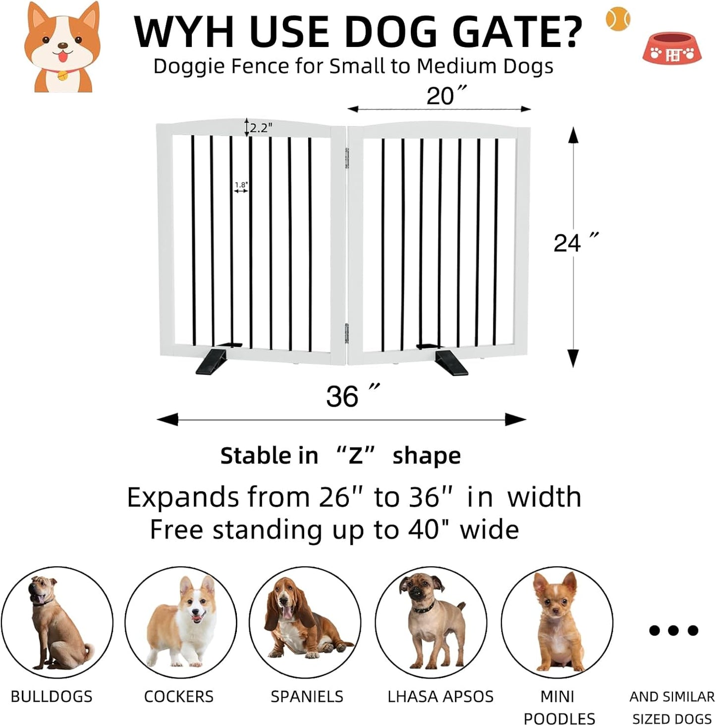 ZJSF Freestanding Foldable Indoor Dog Fence for Stairs Wood White Long Pet Gates for Dogs, Dog Gates for Hallways,Puppy Gates for House Support Feet Included 24 "Height-2 Panels
