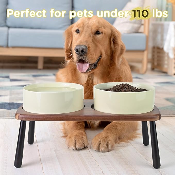 SPUNKYJUNKY Ceramic Elevated Dog Bowls Raised with Acacia Bamboo Wooden Stand, 8.3'' Dog Food Water Bowls Set Non-Slip for Medium Large Sized Breed Microwave Dishwasher Safe - 60 OZ,Beige