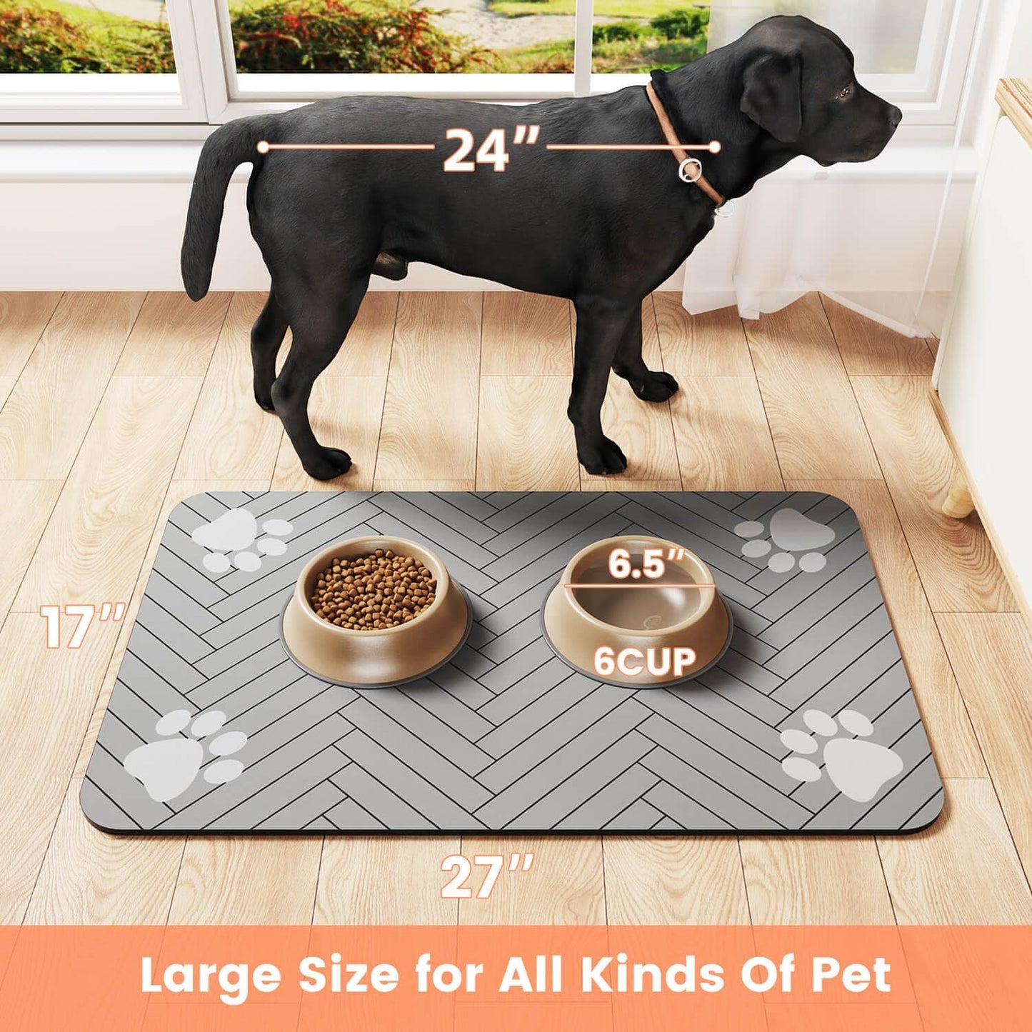 Pet Feeding Mat-Absorbent Pet Placemat for Food and Water Bowl, with Waterproof Rubber Backing, Quick Dry Water Dispenser Mat for Dog and Cat (16"x24", Striped Light Gray)