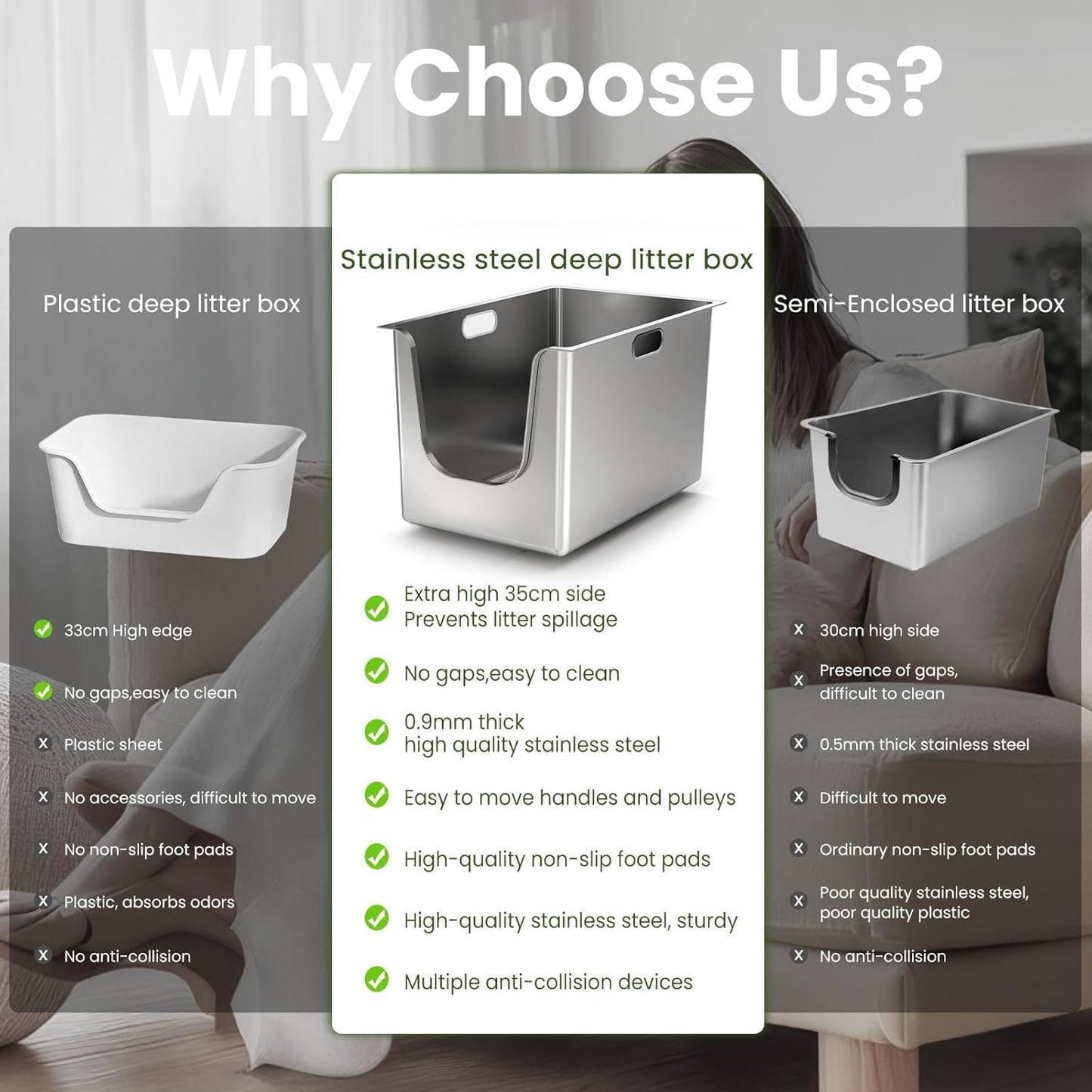 Stainless Steel Litter Box 13.7'' High Sides, XL Metal Cat Litter Box with Curved Low Entry, Cat Litter Pan for Big & Multiple Cats, Pet Toliet with Handy Wheels for Easy Moving