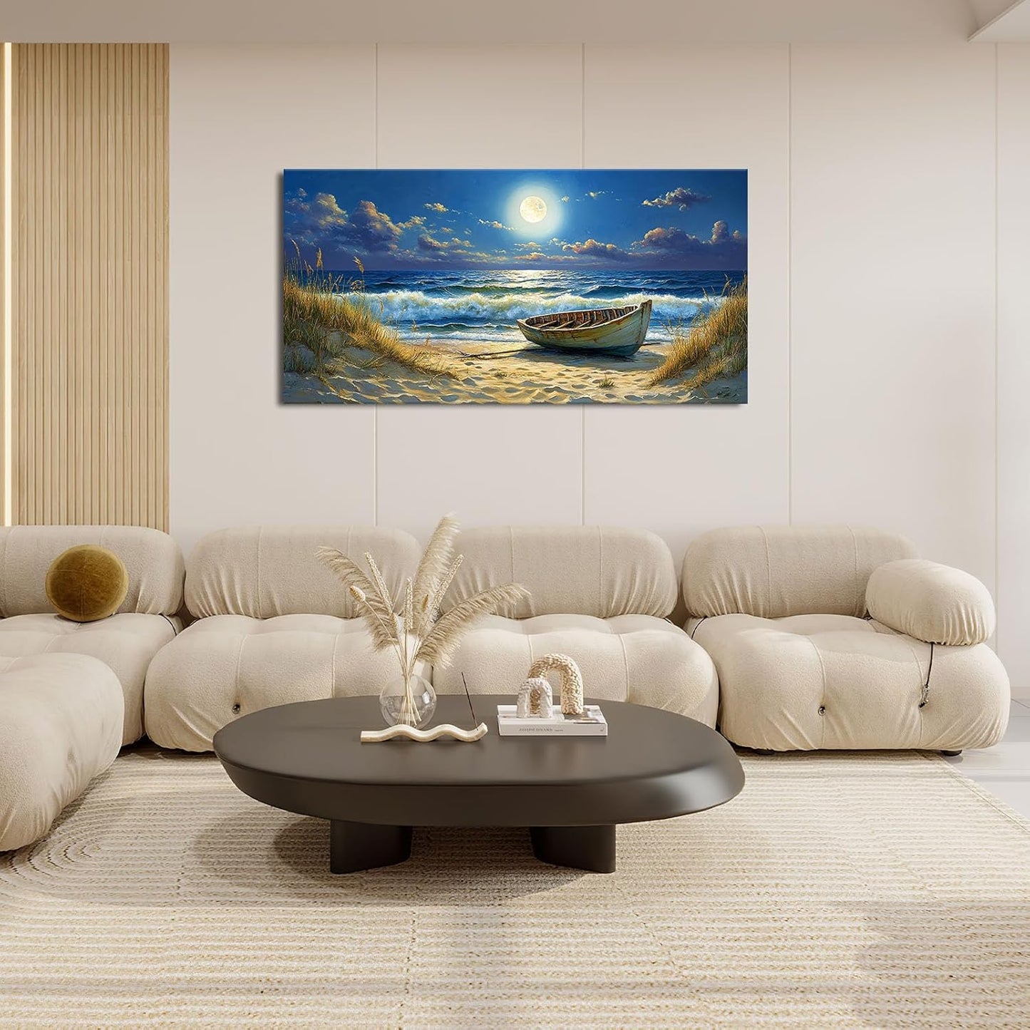 Quorin Beach Boat Large Wall Art Coastal Seaside Moonlight Pictures Nautical Wall Decor Seascape Canvas Print Painting Artwork for Bathroom Living Room Bedroom 30"x60"