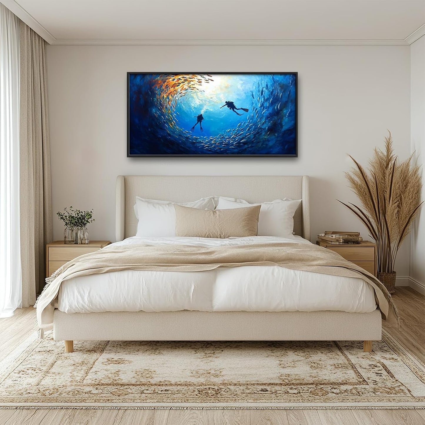 Large Ocean Diving Wall Art for Living Room, Framed Oversized Fish Wall Decor Underwater Marine Life Canvas Painting Modern Artwork for Living Room Bathroom Bedroom Office Dining Room 60"x30"