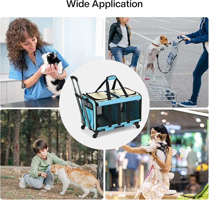 MILADA Large Cat Carrier for 2 Cats, Soft Big Pet Carrier with Wheels, Double Cat Carrier on Wheels, Rolling Pet Carrier for Travel Hiking Shopping and Camping(Not for Air Travel), Blue