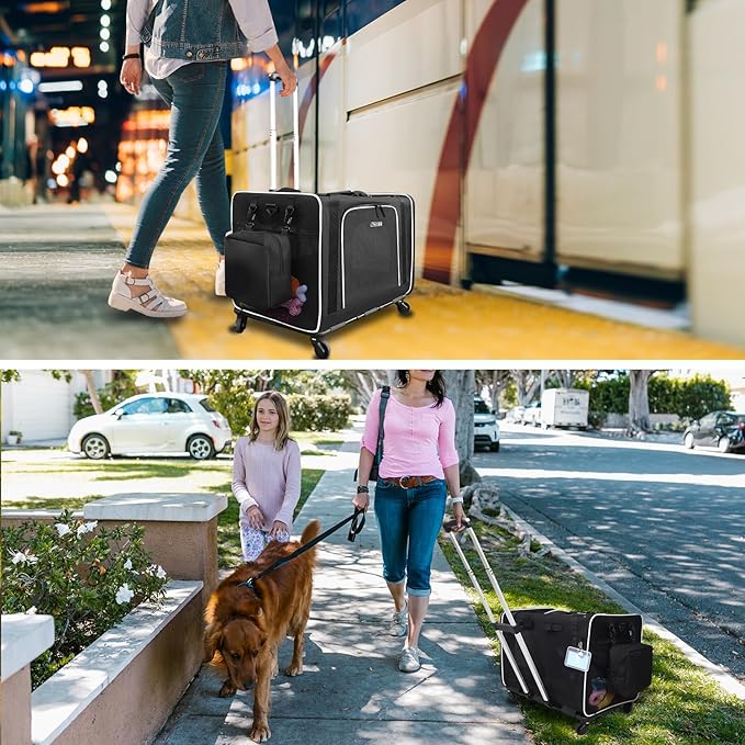 Petskd Extra Large Cat Carrier with Wheels and Litter Box 24"x17"x17" for Large Cat or 2 Small Cats, Collapsible Soft Sided Pet Carrier for Car Travel with Lockable Safety Zippers(Black)