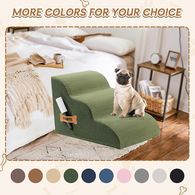Romrol Dog Stairs Ramp for High Beds Couches, High Density Foam Pet Steps with Durable Non-Slip Waterproof Fabric Cover, Dog Stairs for Small Dogs or Cats or Pets, 3-Step,15 Inch,Green