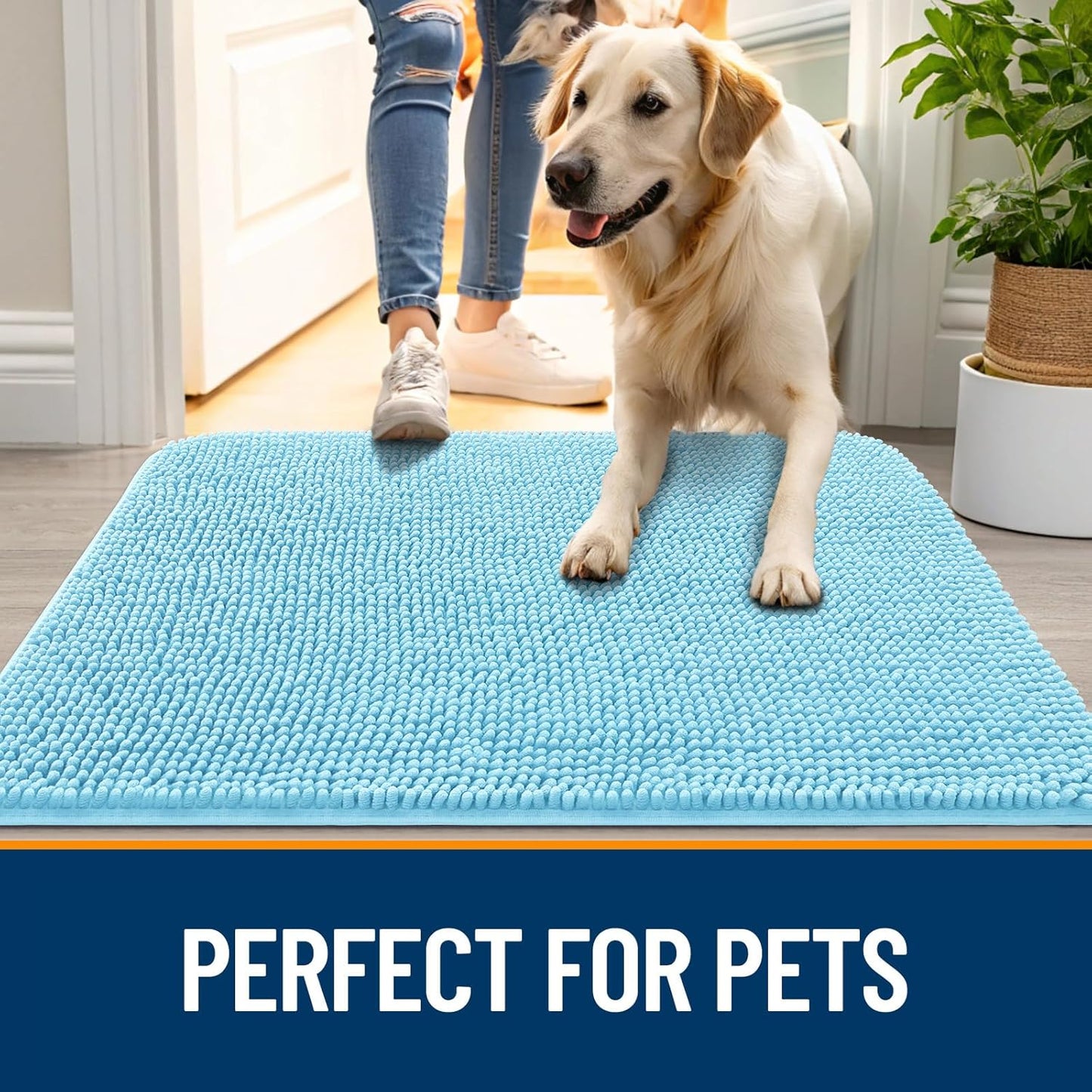 OLANLY Dog Door Mat for Muddy Paws 36x24, Absorbs Moisture and Dirt, Absorbent Non-Slip Washable Doormat, Quick Dry Chenille Mud Mat for Dogs, Entry Indoor Entryway Carpet for Inside Floor, Blue
