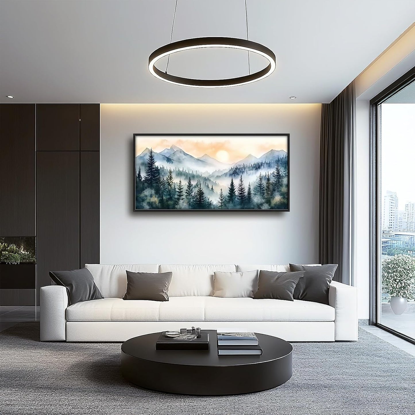 Large Misty Mountain Forest Wall Art for Living Room, Framed Foggy Sunrise Landscape Wall Decor Oversized Watercolor Canvas Painting Modern Artwork Home Decoration for Bedroom Office 60"x30"