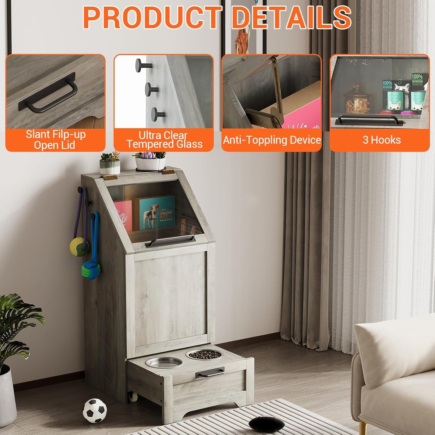 Dog Feeding Station with Storage Cabinet, 2 Elevated Bowls, FILP Top Food Storage Cabinet Container, Pet Feeding with 3 Hooks, Farmhouse Dog Feeder Station, Grey