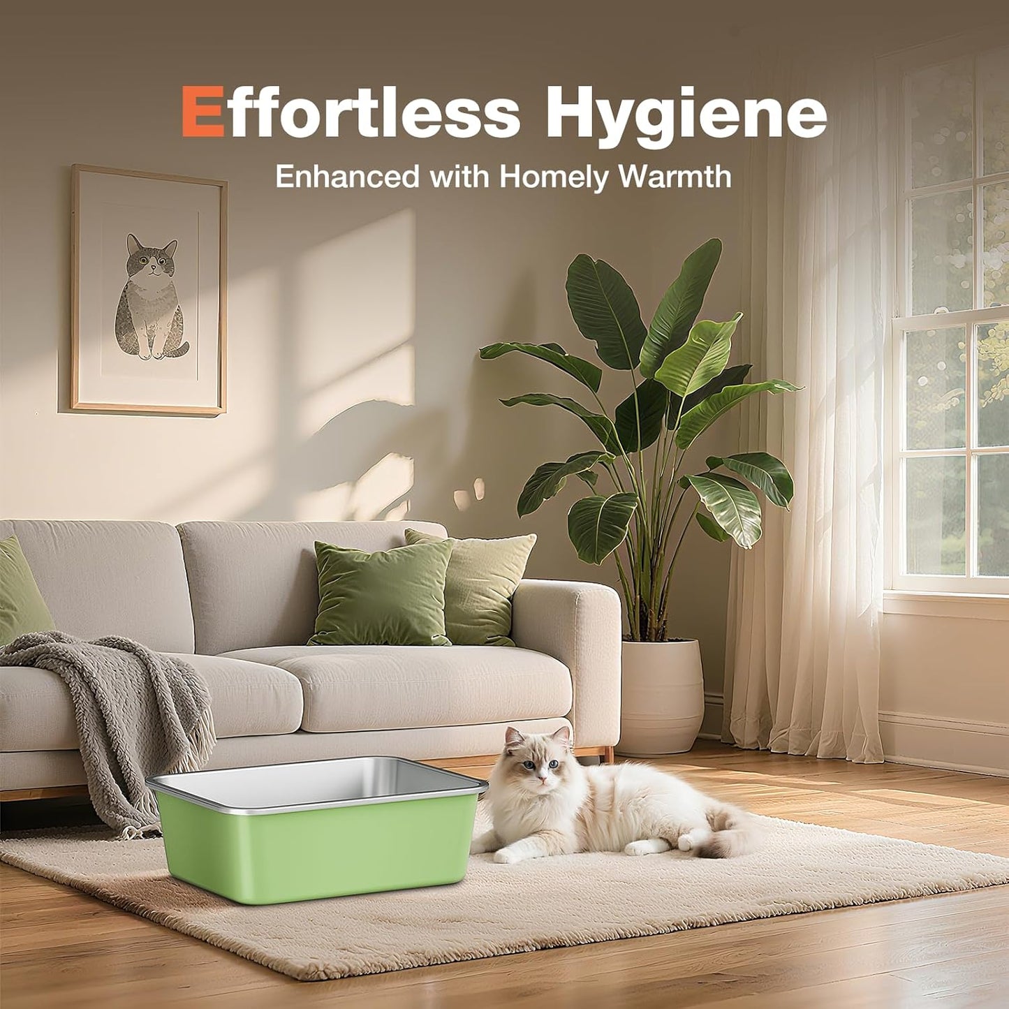 Stainless Steel Litter Box, Large Metal Cat Litter Box with High Sided for Big and Small Cats, Non-Stick, Easy to Clean, Odor-Free, 23.4" L×15.6" W×7.8" H, Leaf Green