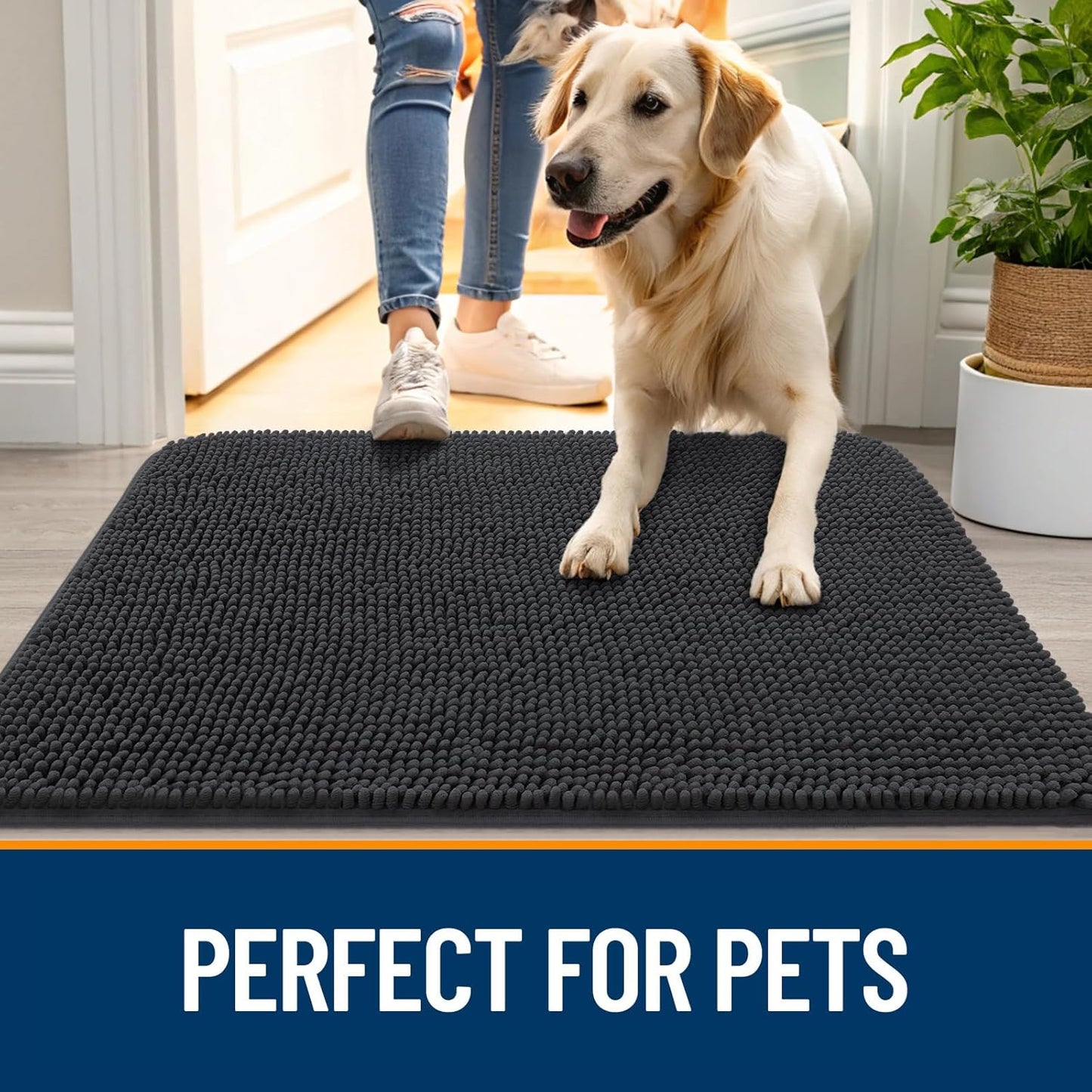 OLANLY Dog Door Mat for Muddy Paws 48x30, Absorbs Moisture and Dirt, Absorbent Non-Slip Washable Doormat, Quick Dry Chenille Mud Mat for Dogs, Entry Indoor Entryway Carpet for Inside Floor, Dark Grey