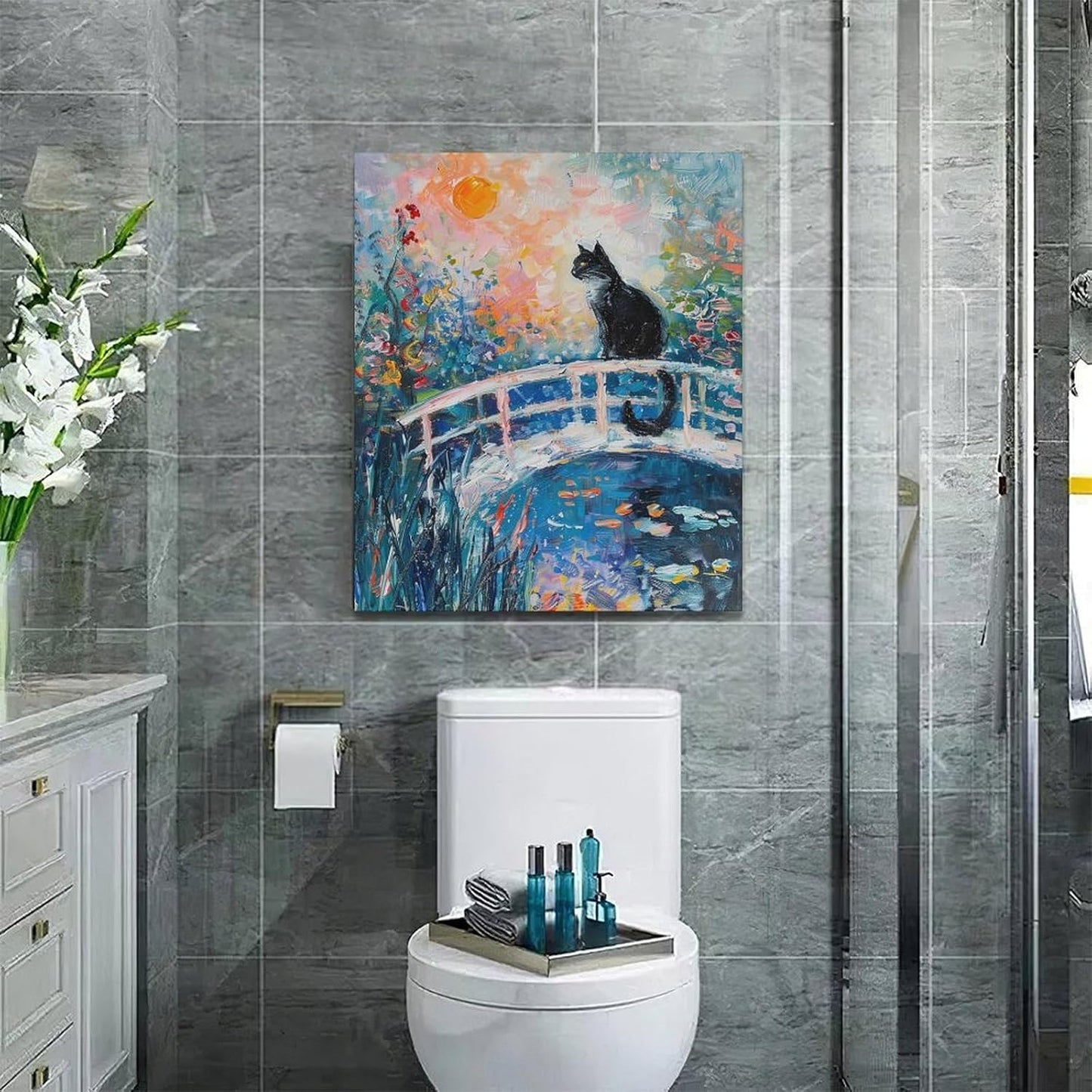 Quorin Black Cat Wall Art Water Lily Sunset Pictures Cat Wall Decor Impressionism Canvas Print Painting Artwork for Bathroom Living Room Bedroom 20"x24"