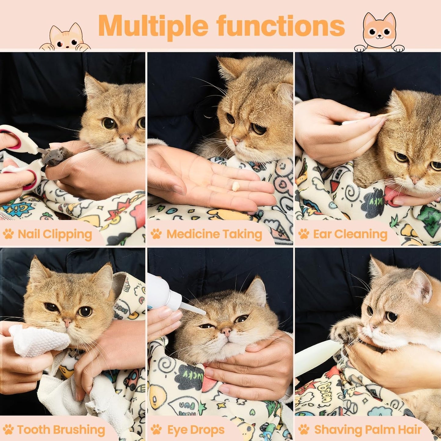 21.7" Grooming Wrap Cat Wrap for Cutting Nails Cat Restraint for Nail Clipping Cat Swaddle Wrap Cat Burrito Wrap M(Within 6lbs) Anti-Scratch Anti-Escape Multifunctional Pet Tool