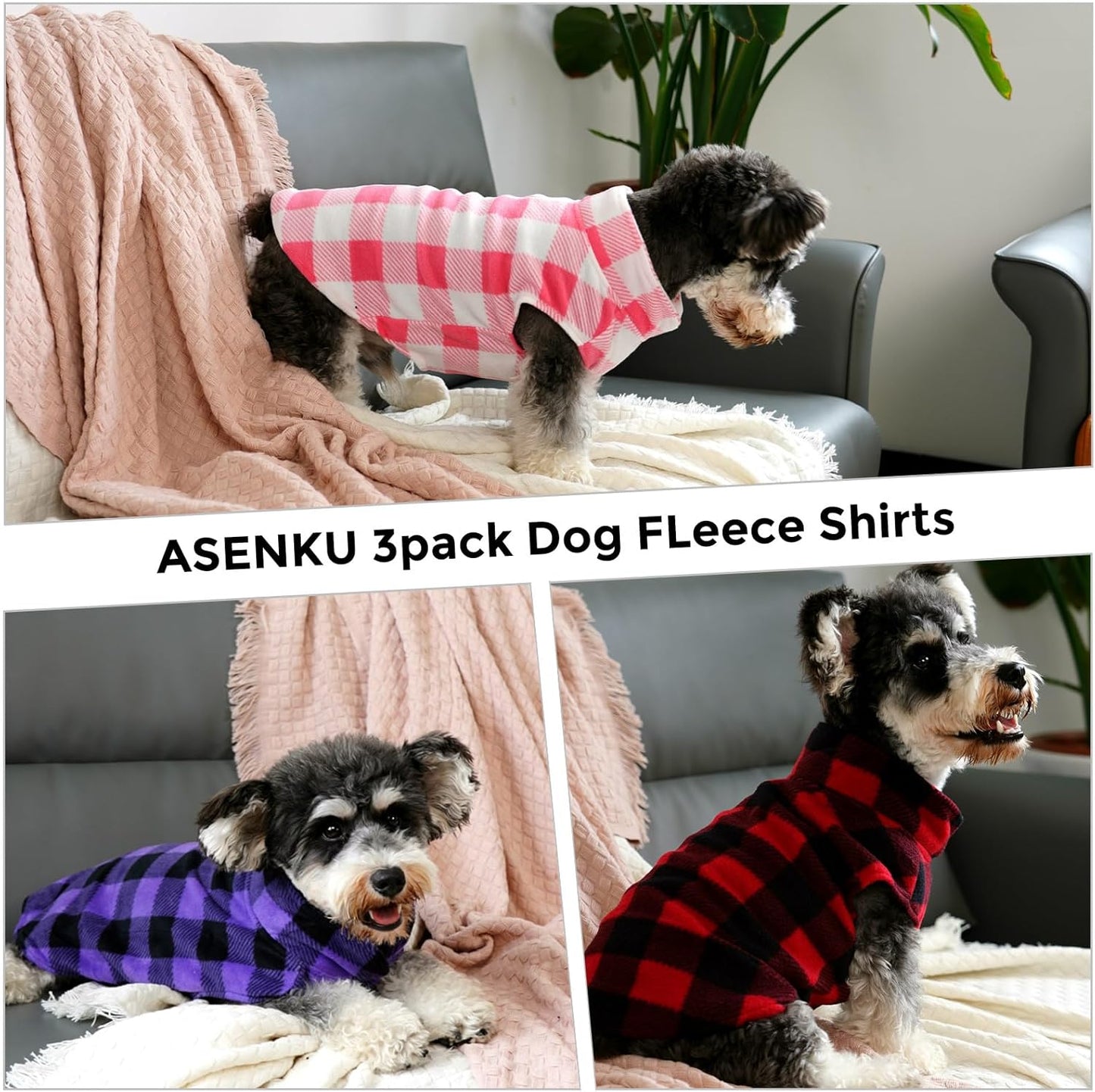 ASENKU PLAID Dog Fleece Vest & Pajamas - 3 Pack, Warm Winter Dog Coat, Jacket Pet Clothes for Small & Medium Dogs