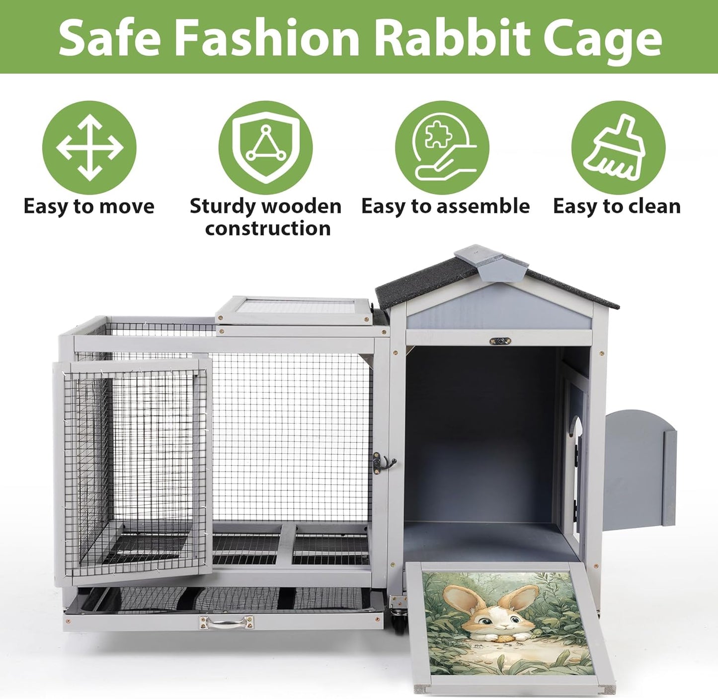 COZIWOW 38.5inches Durable Wooden Rabbit Cage Indoor,Wide Space Small Animal House with Removable Tray&Safety Lock,Rubbit Hutch with Waterproof Roof&Solar Panels (Grey with Pattern)