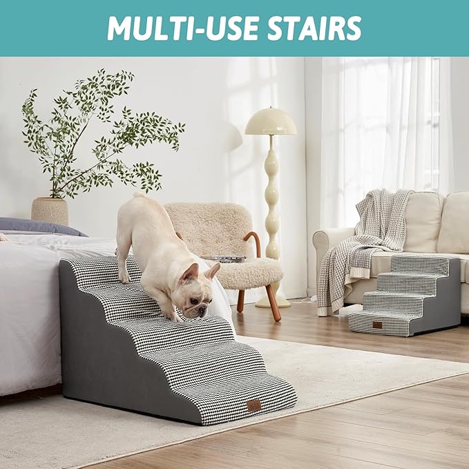Extra Wide Dog Stairs 19.7" Width, Large Pet Step for Small Medium Dog, Puppy or Cat, Ramp for High Bed or Car, High Density Foam Ladder, Stable, 5 Step, 19.7x33x22.4 inch, White Black