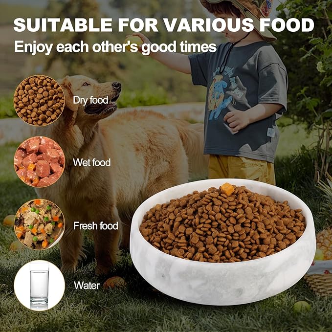 White Marble Dog Bowls, Non-Slip Dog Food Water Bowl Small, Heavy Duty Pet Bowl for Cats and Medium Dogs, Weighted African Natural Marble, Holds 4 Cups(5lbs)