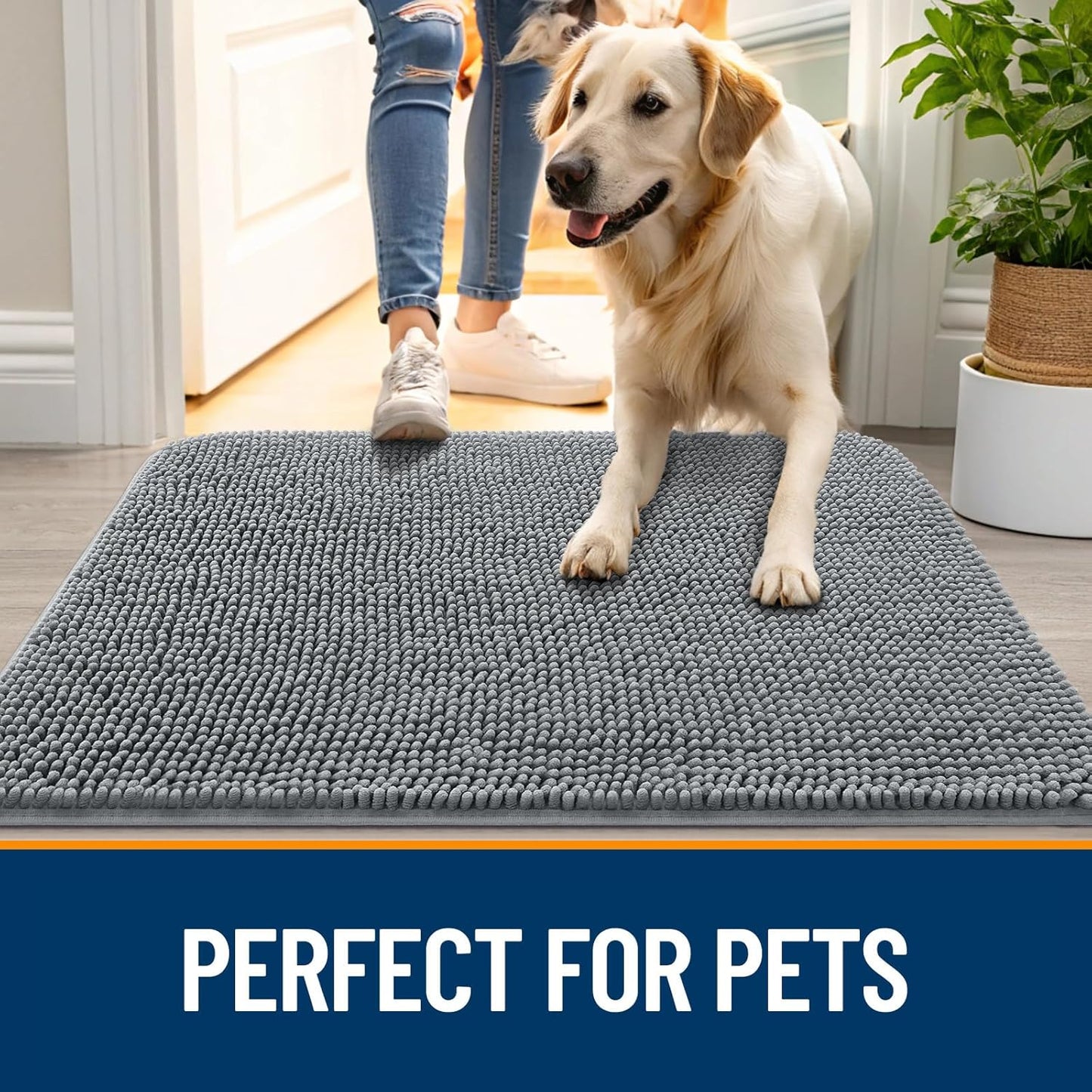 OLANLY Dog Door Mat for Muddy Paws 47x24, Absorbs Moisture and Dirt, Absorbent Non-Slip Washable Doormat, Quick Dry Chenille Mud Mat for Dogs, Entry Indoor Entryway Carpet for Inside Floor, Grey