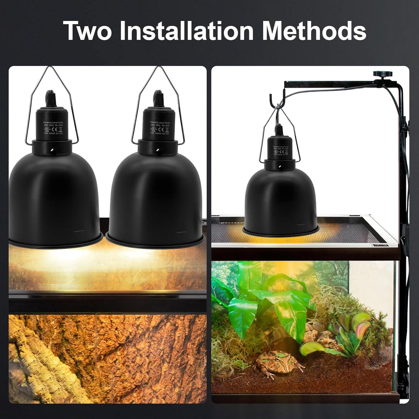 Reptile Light Fixture, 2 Packs 5.5 Inch Deep Dome Lampshade Dimmable, Reptile Heat Lamp Fixture with Separate Switches Fit for UVB Bulb Basking Heat Bulb for Reptile Glass Terrariums