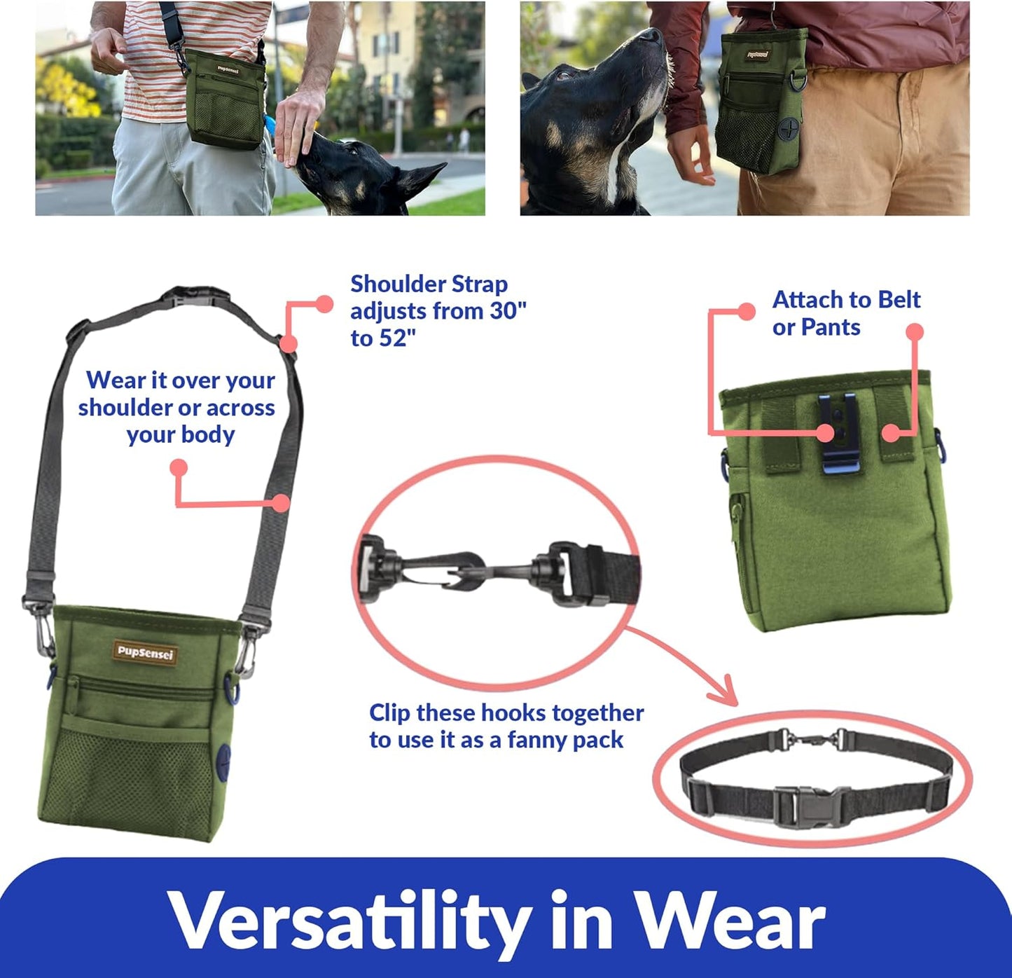 Dog Treat Pouch, Durable Oxford Polyester, No-Spill Magnetic Closure, Treat Pouches for Pet Training with Metal Clip, Waist Belt, Adjustable Strap, Poop Bag Dispenser (Army Green)