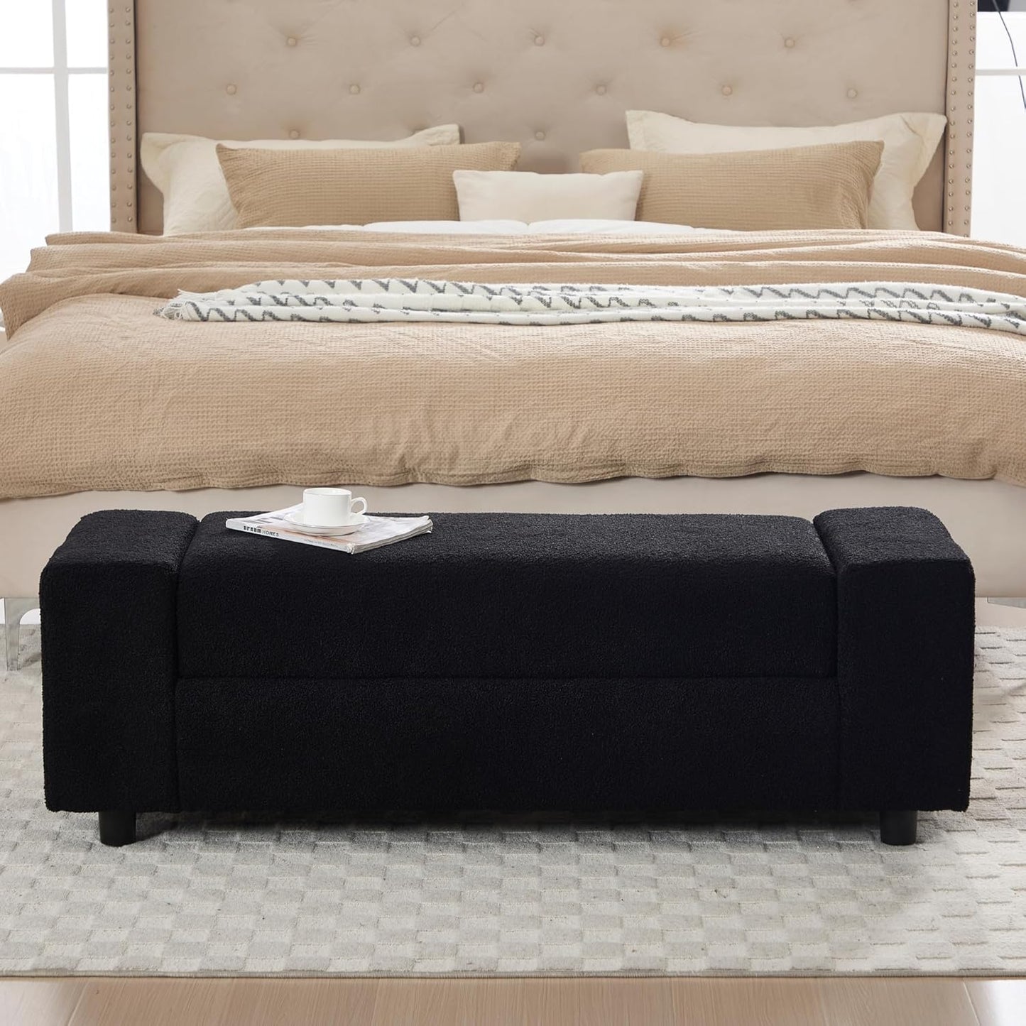 Teddy Storage Ottoman Bench,55 Inch Upholstered Boucle Comfy Sherpa End of Bed Bench with Large Storage for Bedroom/Living Room/Entryway/Closet(Black)