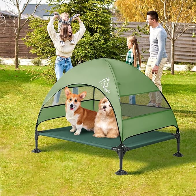 Upgraded Elevated Dog Bed with Canopy, Portable Raised Outdoor Dog Bed with Stable Anti-Slip Feet, Removable Wider Shade, Raised Dogs Cot for Large Pets Camping, Indoor & Outdoor Use
