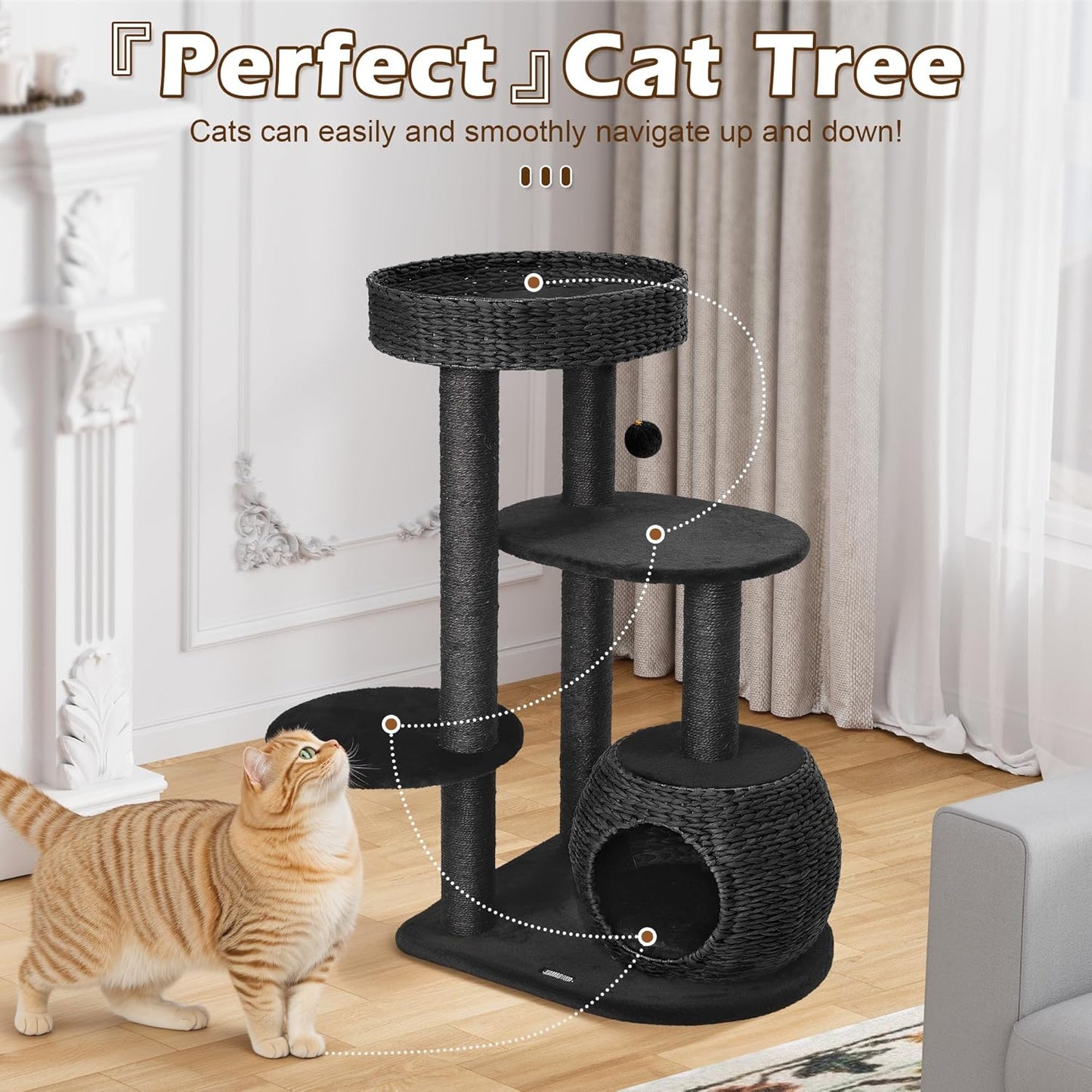KAMABOKO Modern Cat Tree, 39" Tall Cat Trees for Indoor Cats, Cat Condo Natural Sisal with Scratching Posts, Hand-Woven Tower & Top Perch, Cat-Tree for Kittens Climb Play & Rest Black