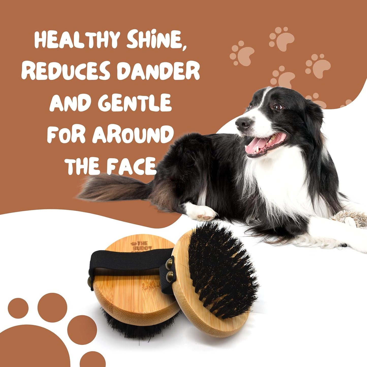 The Buddy System Pet Close Brush, Soft Touch Oval Palm Brush - Bamboo Massage Handheld with Soft Boar Bristles and Elastic Band for Dogs and Cats 2 Pack