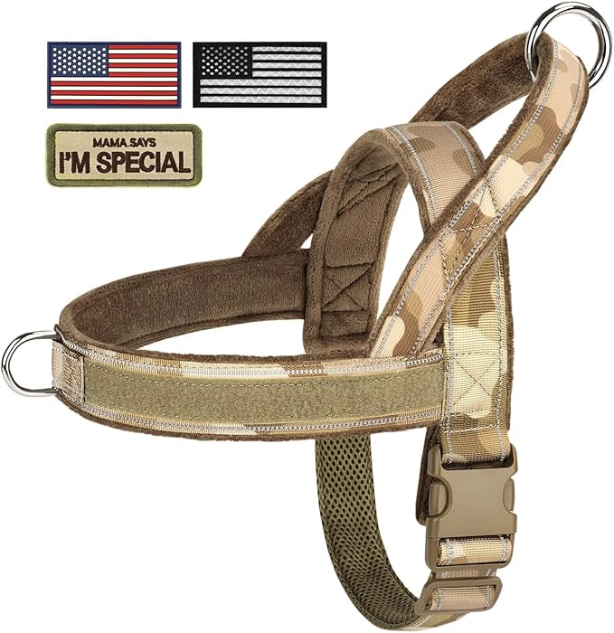 Forestpaw No Pull Dog Harness - Soft Flannel Padded Tactical Dog Vest Harness with Quick Release Buckle, Adjustable Reflective Pet Harness for Large Dogs Walking Training,Brown Camouflage L