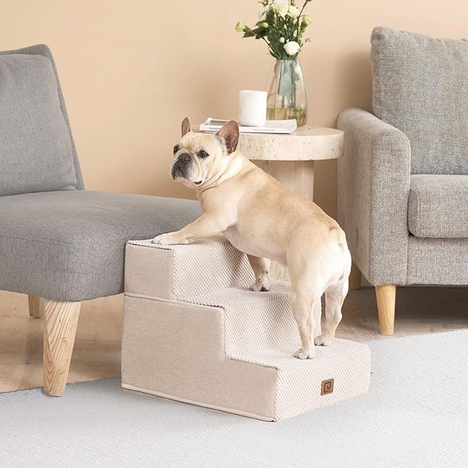 EHEYCIGA Dog Stairs for Small Dogs 13.5" H, 3-Step Dog Steps for Couch Sofa and Chair, Pet Steps for Medium Cats, Non-Slip Balanced Pet Ramp Indoor, Beige