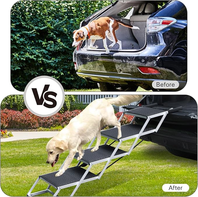 DGSL Dog Ramp for Car, 4-Step Folding Dog Stairs, Aluminum, Black, Supports Up to 250 Lbs