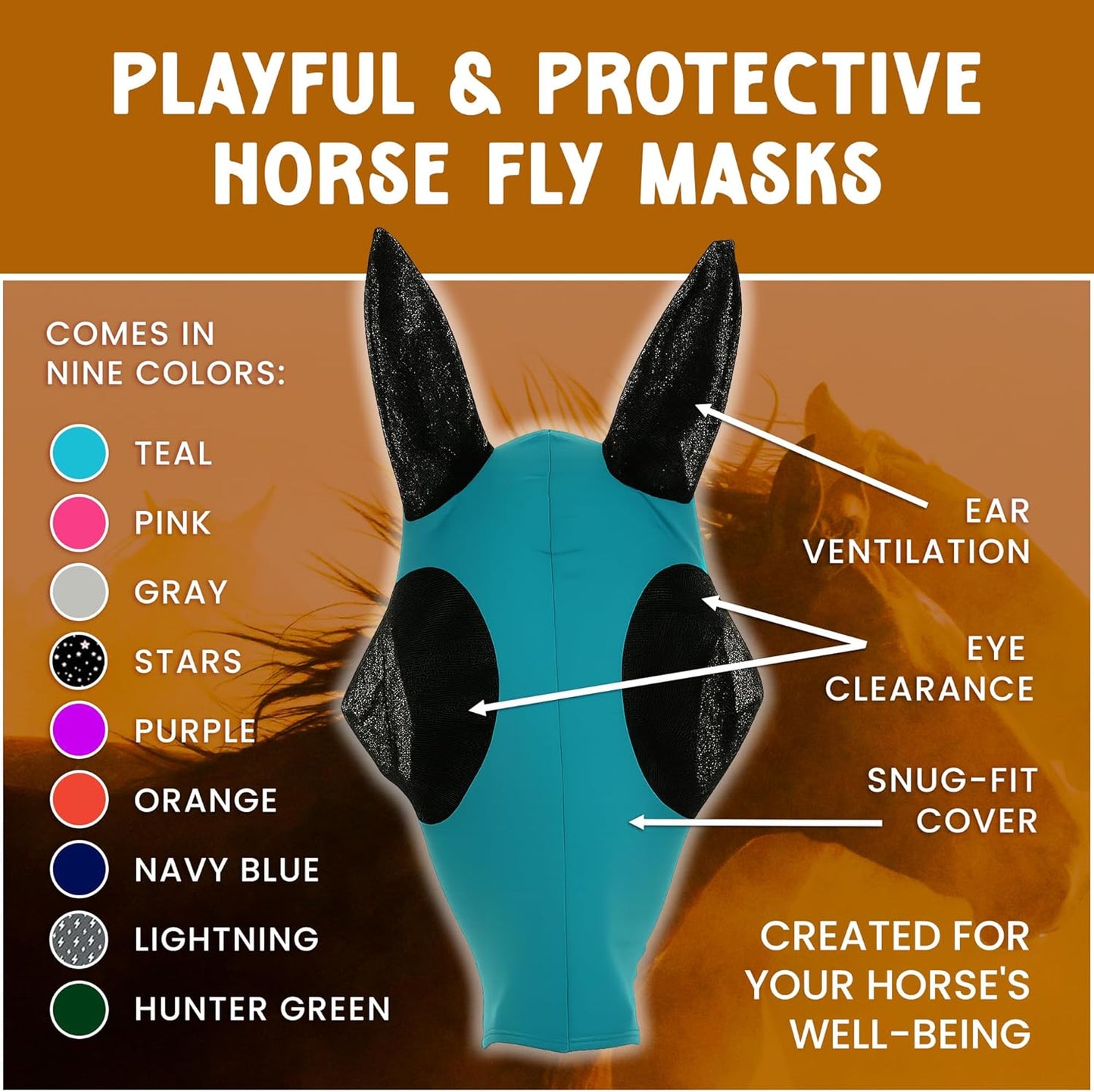 Horse Fly Mask - Arab Equine Fly Mask with Full Coverage for Eye & Ear - Stretchable, UV & Sun Protection Flymask for Horses, Ponies & Mini Horses - Horse Face Cover for Pasture & Trail - Stars