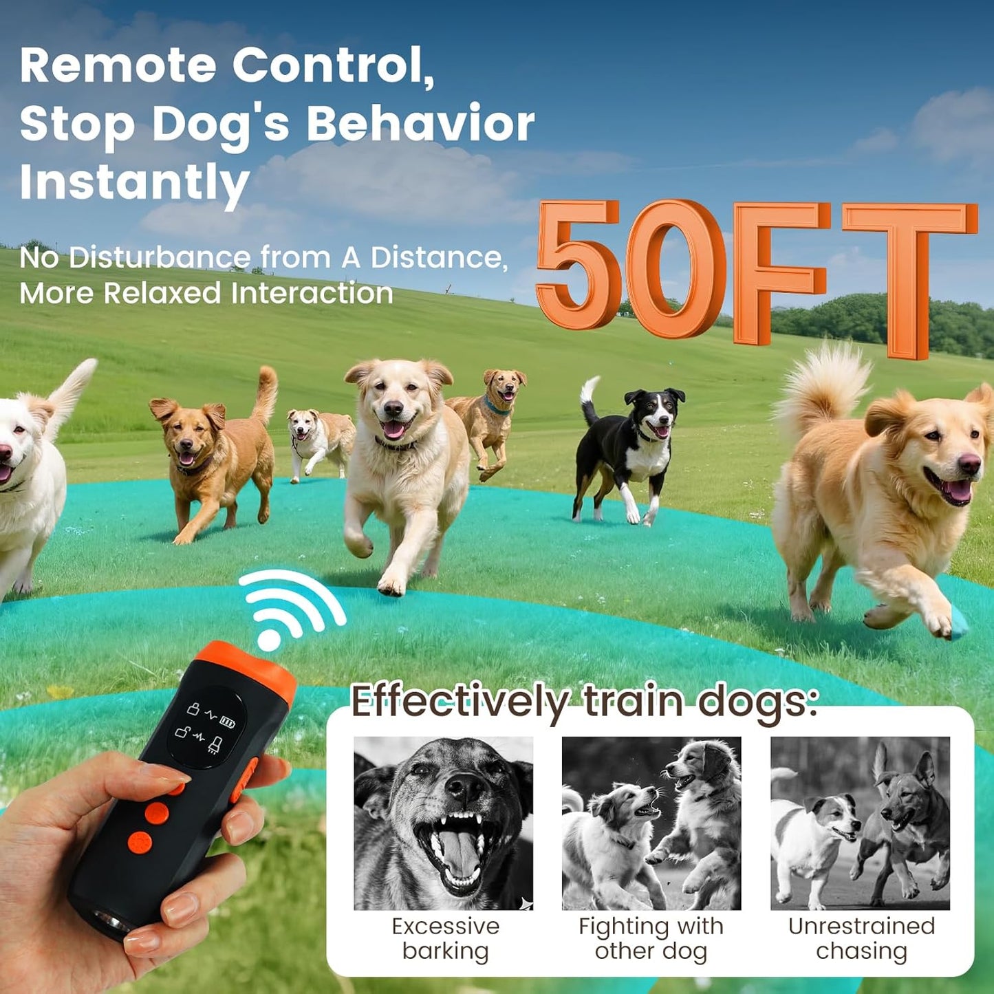 Ultrasonic Dog Bark Deterrent Device 3X Ultrasound Anti Barking Device Safe for All Dogs Training Tools Up to 50ft for Indoor Outdoor with Flashlight Rechargeable Training Device