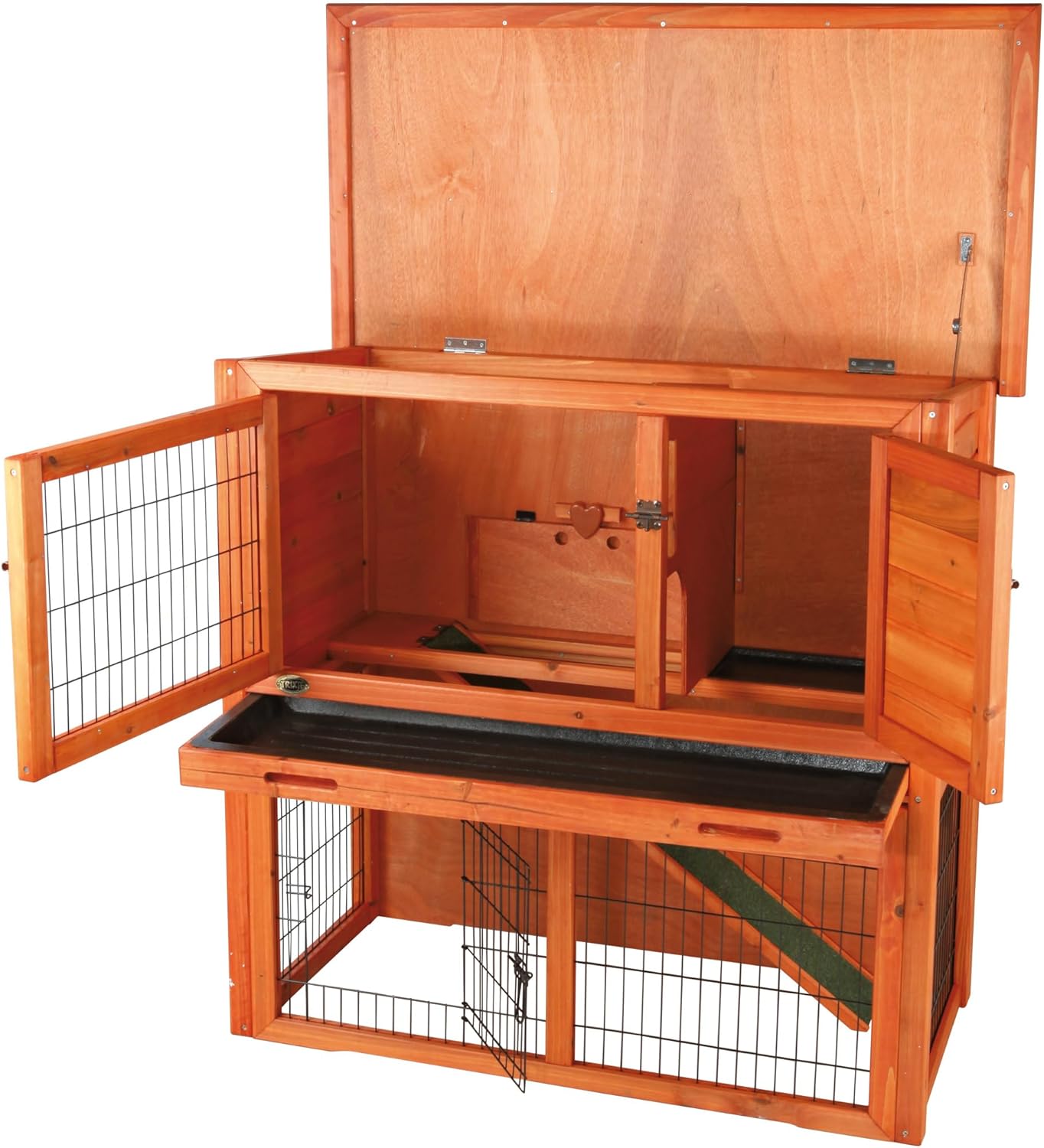 TRIXIE natura Outdoor Rabbit Hutch with Run - 2-Story Rabbit Cage with Non-Slip Ramp - Medium Elevated Small Animal House with Secure Playpen, Hinged Roof & Pull-Out Tray - in Brown