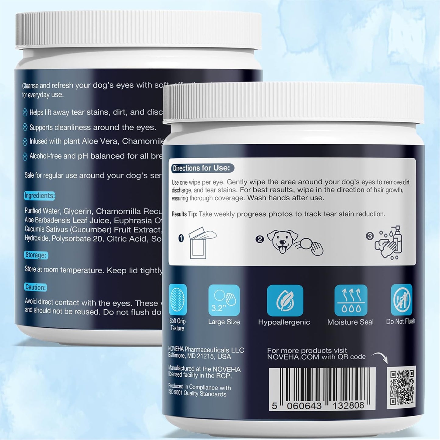 NOVEHA 150PCs Cat & Dog Eye Wipes Tear Stain Remover for Discharge and Crust | White Pet Face Wipes | Easy Daily Pets Gentle Eye Cleaner for Whitening & Cleansing Without Irritation | Round Wipes