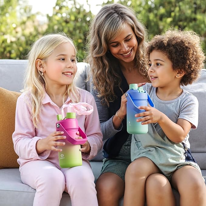 Kids Insualated Water Bottle with Straw - 12oz Stainless Steel Water Bottle with Dual Spouts, Leak-Proof, BPA-Free, Double Wall Vacuum Keeps Cold for 24 Hours for Sports, Travel, School (Cream Moon)